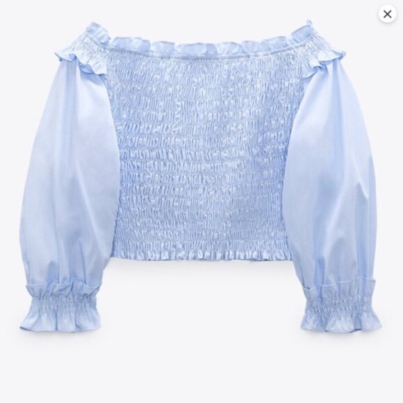 Zara Blue Elastic Trim off the shoulder top Size M - Picture 9 of 9